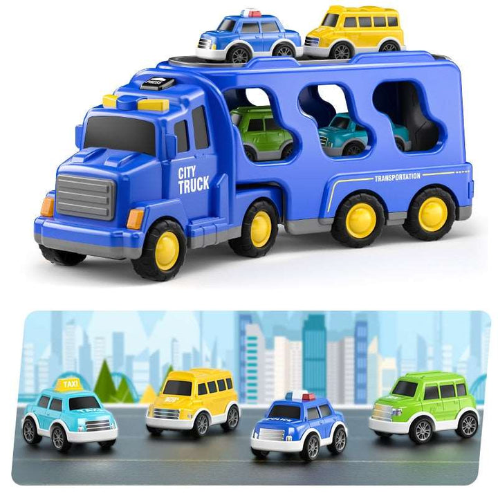 Caminhãozinho cegonha com som e 4 carros miniatura