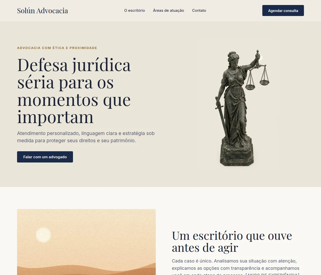 Site da Solún Advocacia: "Defesa jurídica séria para os momentos que importam", com uma estátua da Justiça