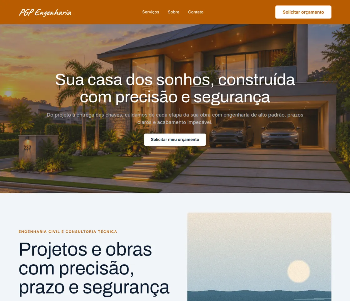 Site da PGP Engenharia: "Sua casa dos sonhos, construída com precisão e segurança", sobre a foto de uma casa ao pôr do sol